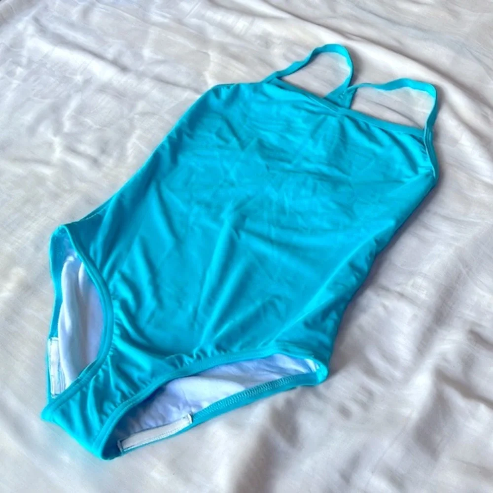 Girls Aqua Blue One-Piece Swimsuit with Cross-Back Straps in size 12